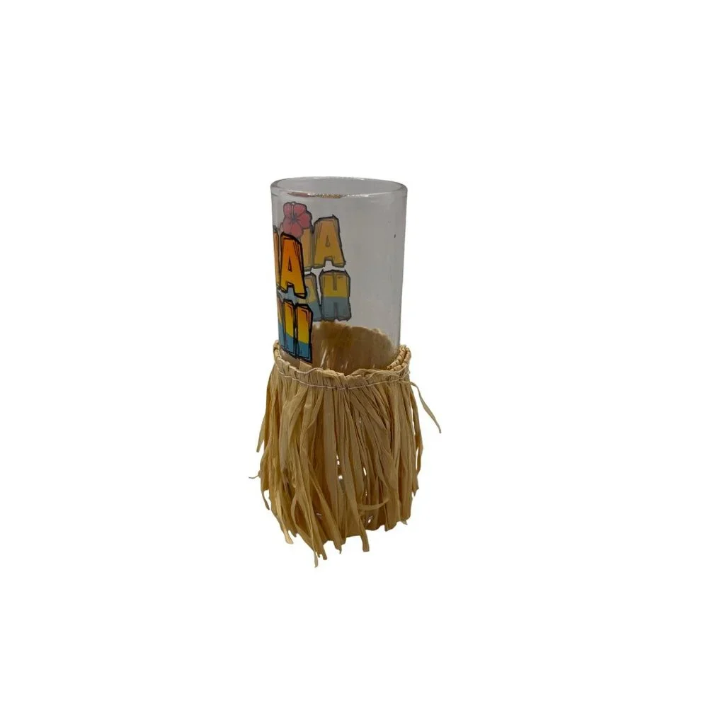 Hawaiian Souvenir Shot Glass Aloha With Grass Hula Skirt 2 ounce